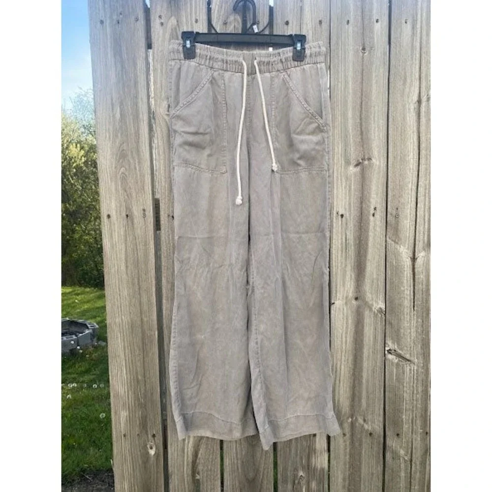 Tencel Lyocell Wide‎ Leg Drawstring Pants Taupe Grey Relaxed Trousers Womens